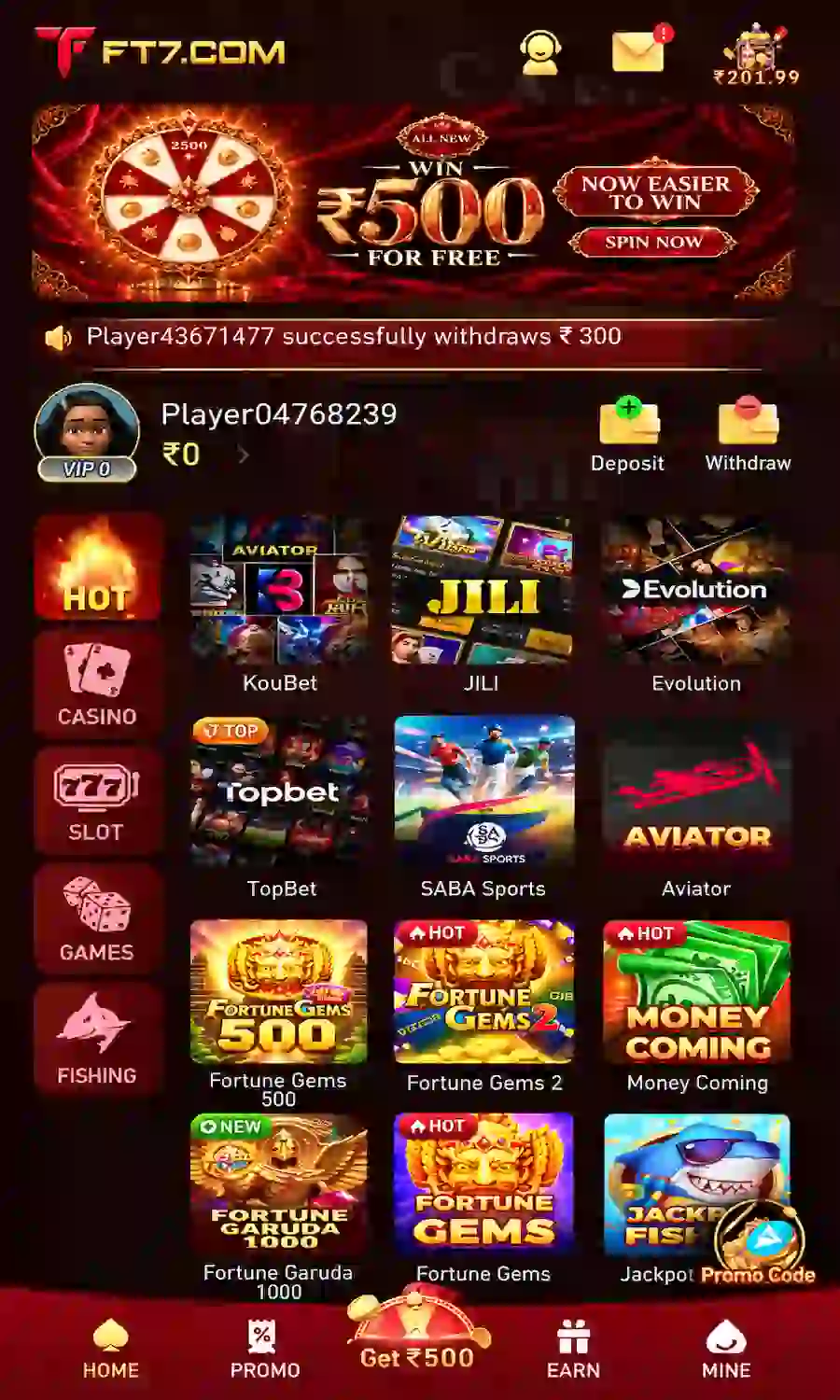 FT7 Game app lobby with game categories and featured titles