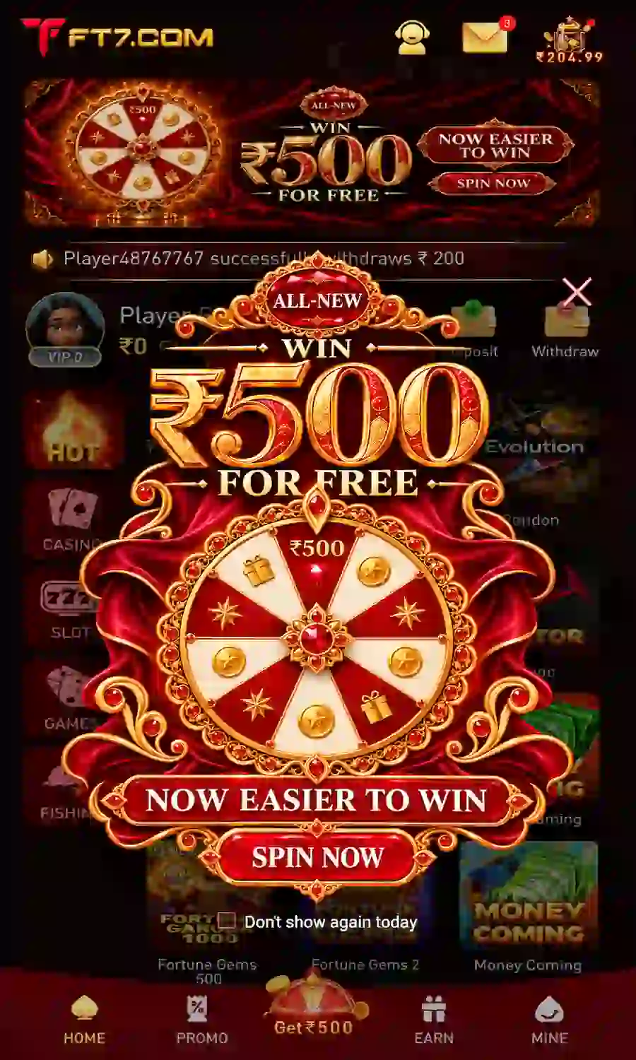 FT7 Game promotional wheel displayed over the app lobby